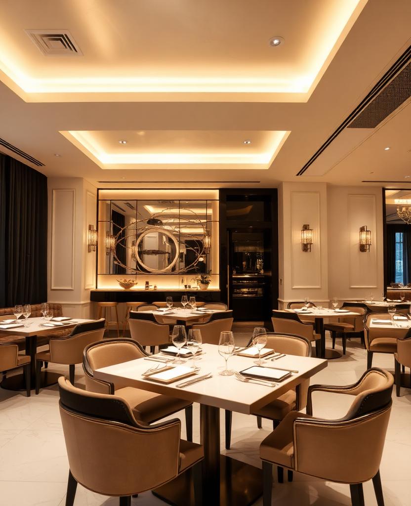 Premium restaurant interior photography with warm ambient lighting
