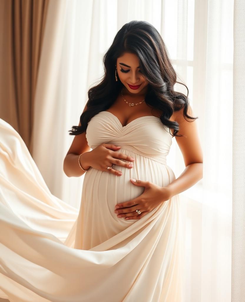 Maternity photoshoot pose ideas in flowing gowns