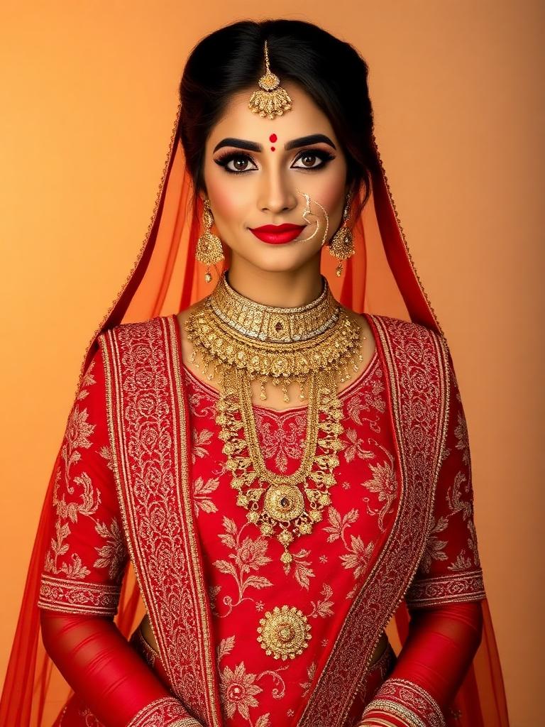 Indian bride in red and gold lehenga photographed by Pankaj Photo Studio, Delhi