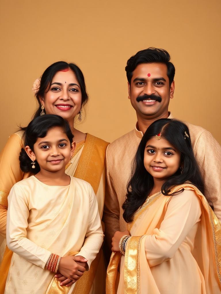 Family portrait in coordinated cream and gold outfits