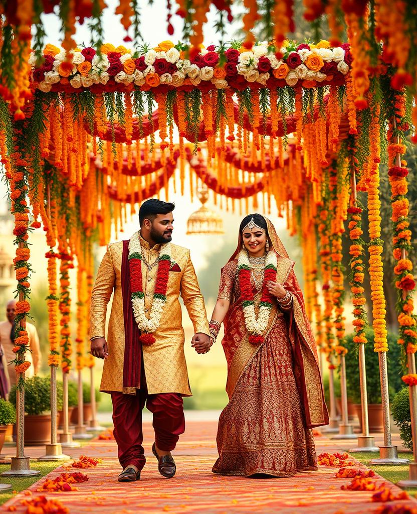 Cinematic wedding videography coverage under a floral canopy