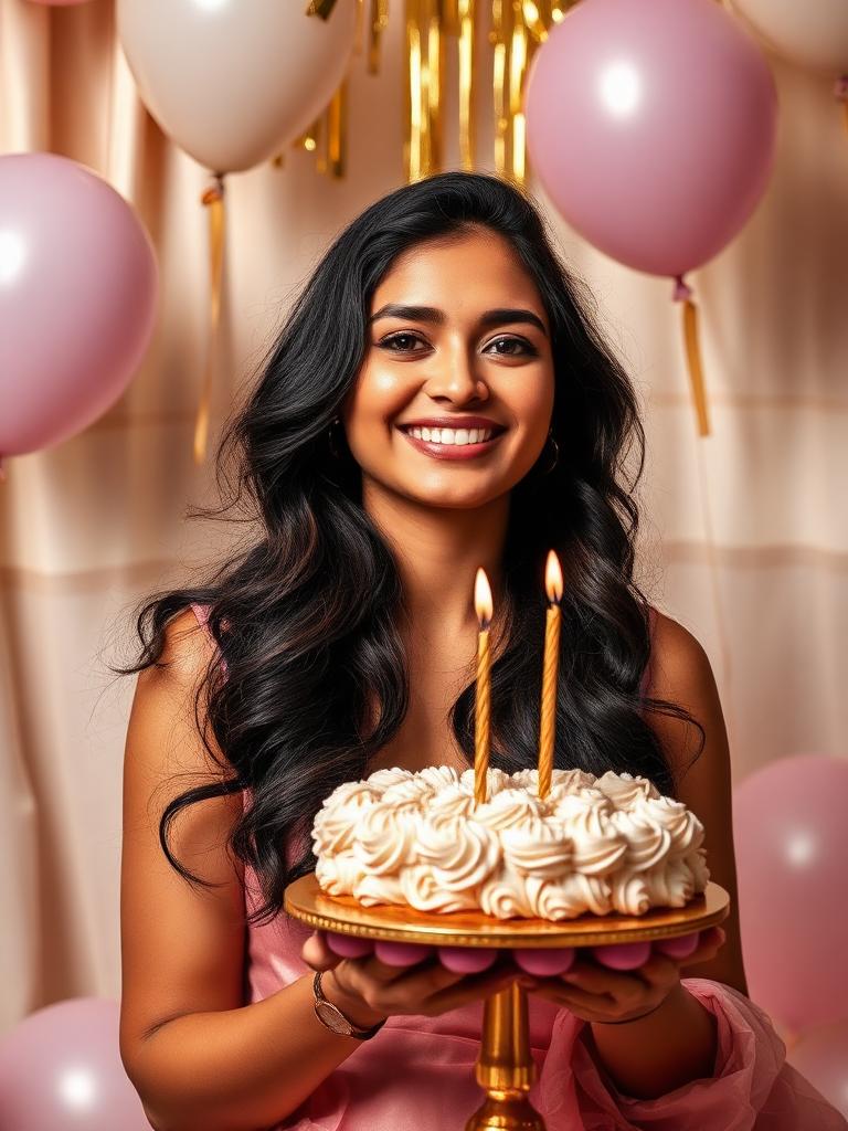 Birthday photoshoot pose ideas with cake and balloons