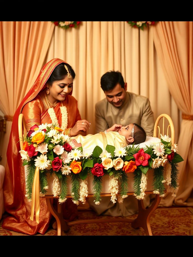 Naming ceremony photo ideas with decorated cradle